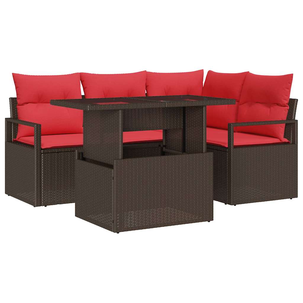 Conjunto de sofá de jardín 5 pcs Marrón y Rojo ratán sintético