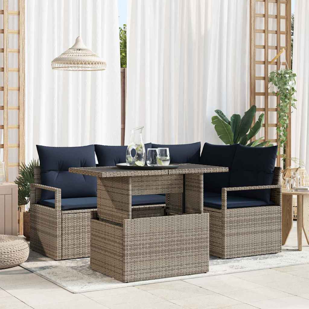 Conjunto de sofá de jardín con cojín 5 pcs Gris y azul marino