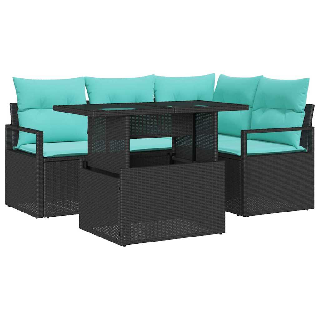 Conjunto de sofá de jardín 5 pcs Negro y azul ratán sintético