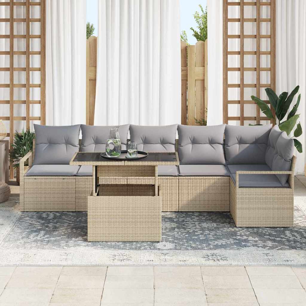 Conjunto de sofá de jardín con cojín 7 pcs Beige Poliratán