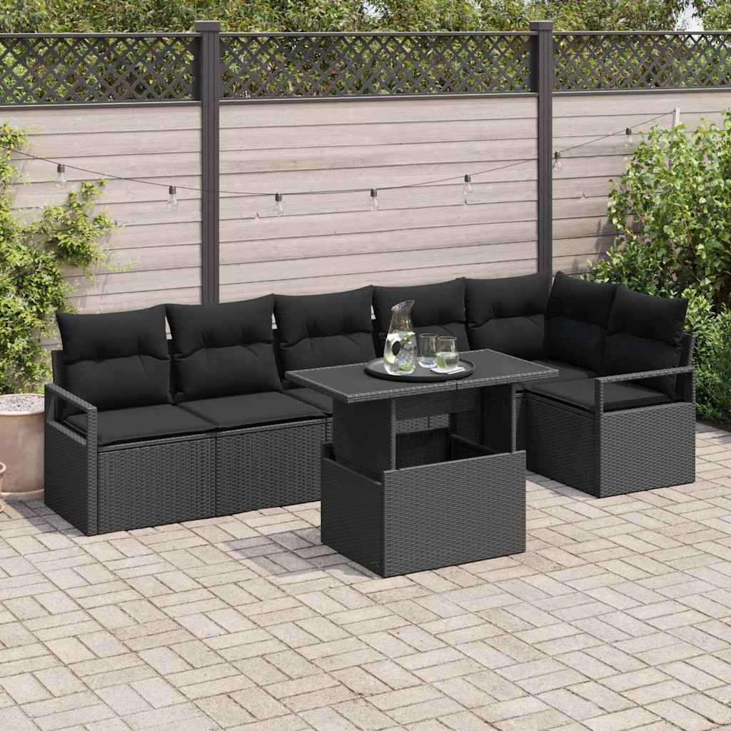 Conjunto de sofá de jardín 7 pcs Negro ratán sintético