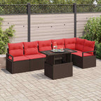 Conjunto de sofá de jardín 7 pcs Marrón y Rojo ratán sintético