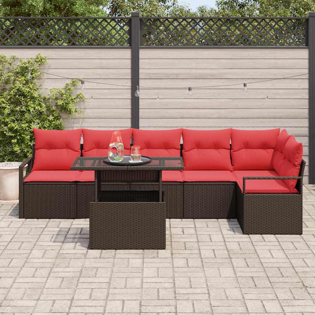 Conjunto de sofá de jardín 7 pcs Marrón y Rojo ratán sintético