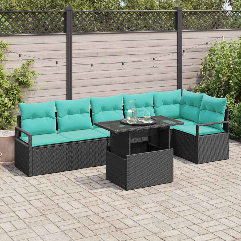 Conjunto de sofá de jardín 7 pcs Negro Rattan de Poliéster