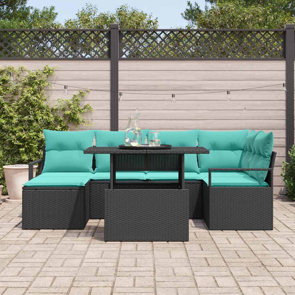 Conjunto de sofá de jardín 7 pcs Negro y azul Poliratán