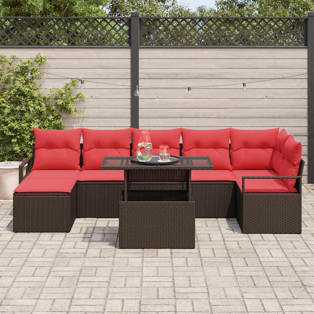 Conjunto de sofá de jardín 8 pcs Marrón y Rojo ratán sintético