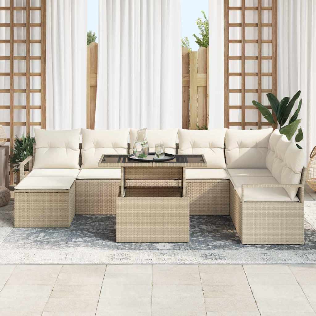 Conjunto de sofá de jardín con cojín 9 pcs beige y crema