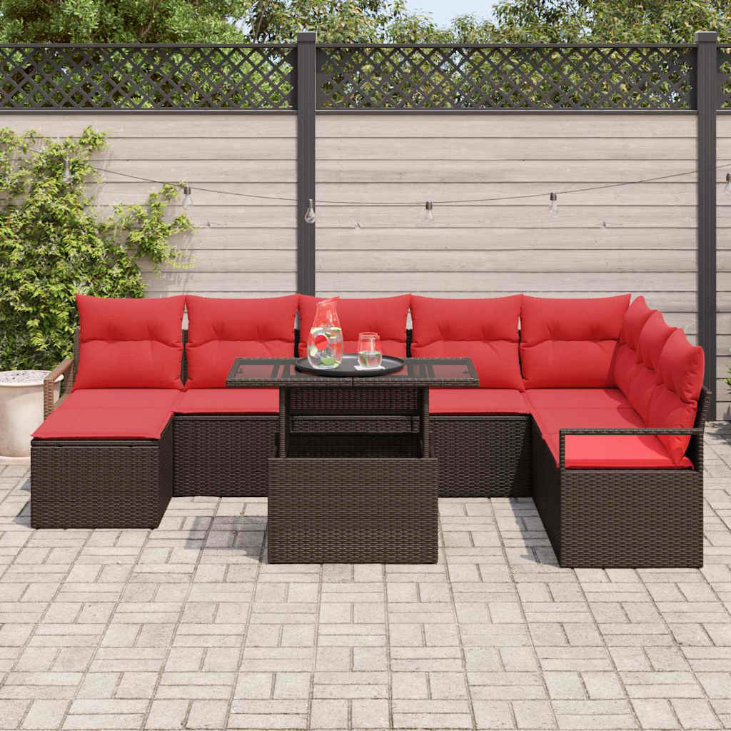 Conjunto de sofá de jardín 9 pcs Marrón y Rojo ratán sintético