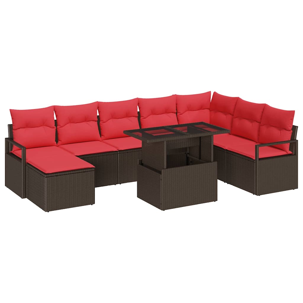 Conjunto de sofá de jardín 9 pcs Marrón y Rojo ratán sintético