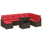 Conjunto de sofá de jardín 9 pcs Marrón y Rojo ratán sintético