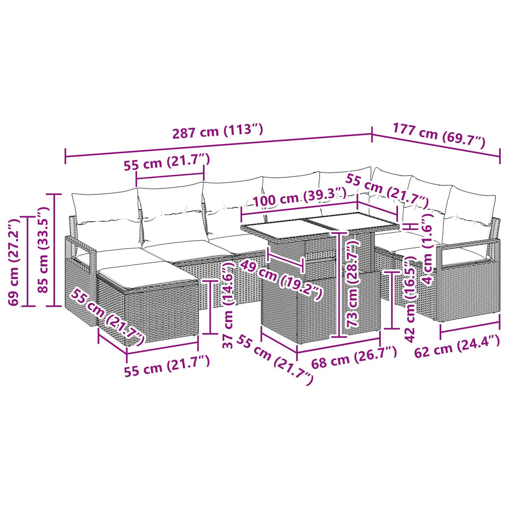 Conjunto de sofá de jardín 9 pcs Marrón y Rojo ratán sintético