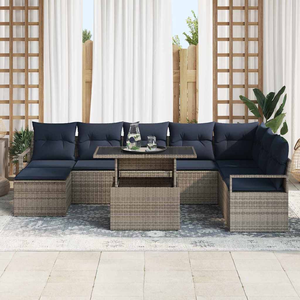 Conjunto de sofá de jardín con cojín 9 pcs gris y azul marino