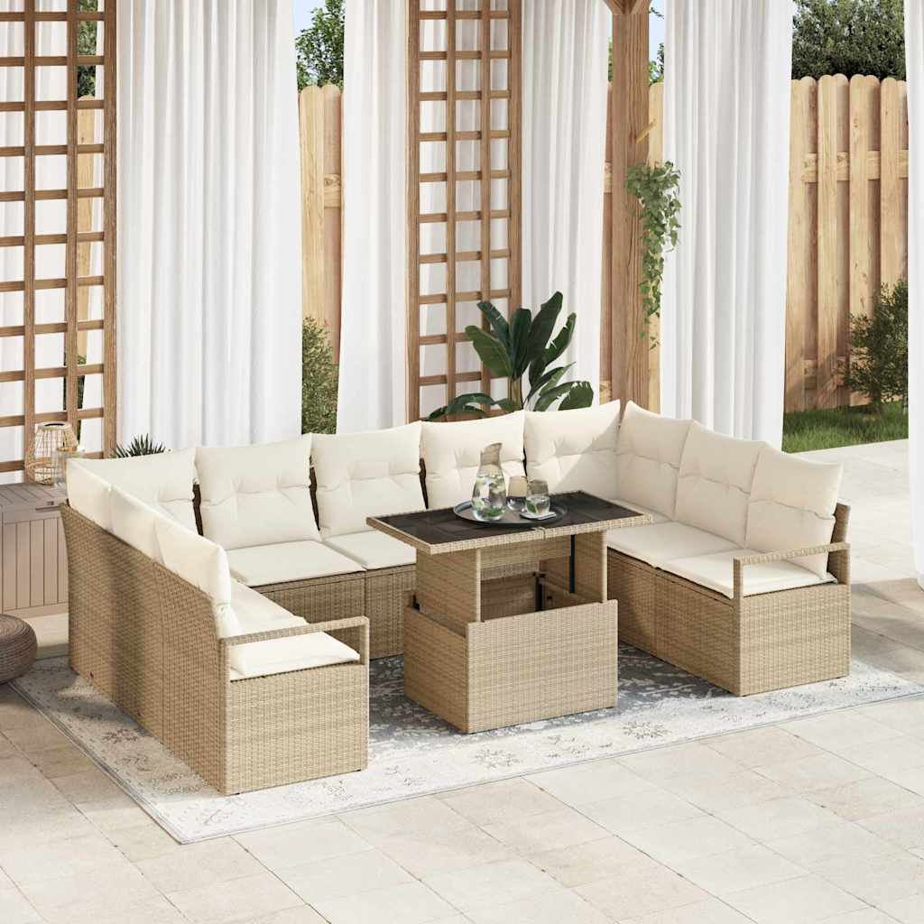 Conjunto de Sofás de Jardim 10 Peças Rattan Poliéster Bege
