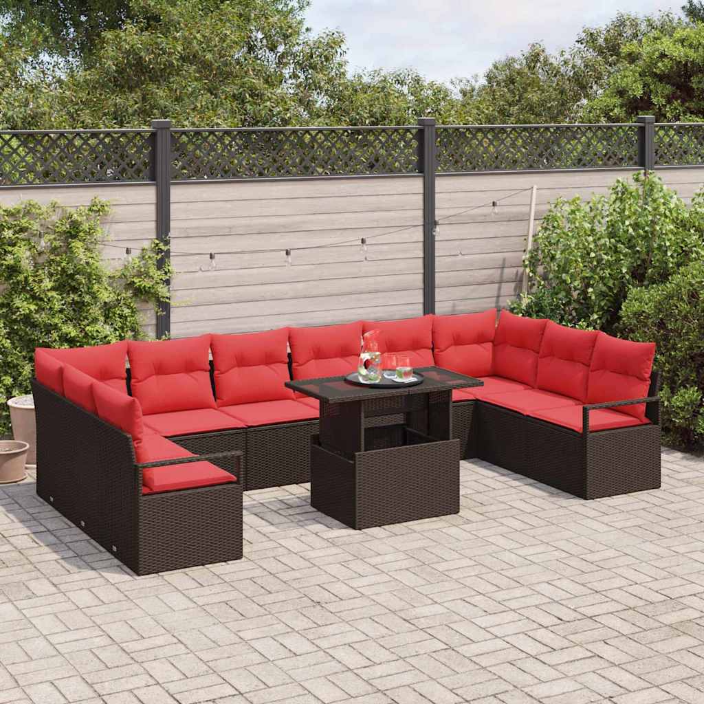 Conjunto de sofá de jardín 11 pcs Marrón y Rojo ratán sintético