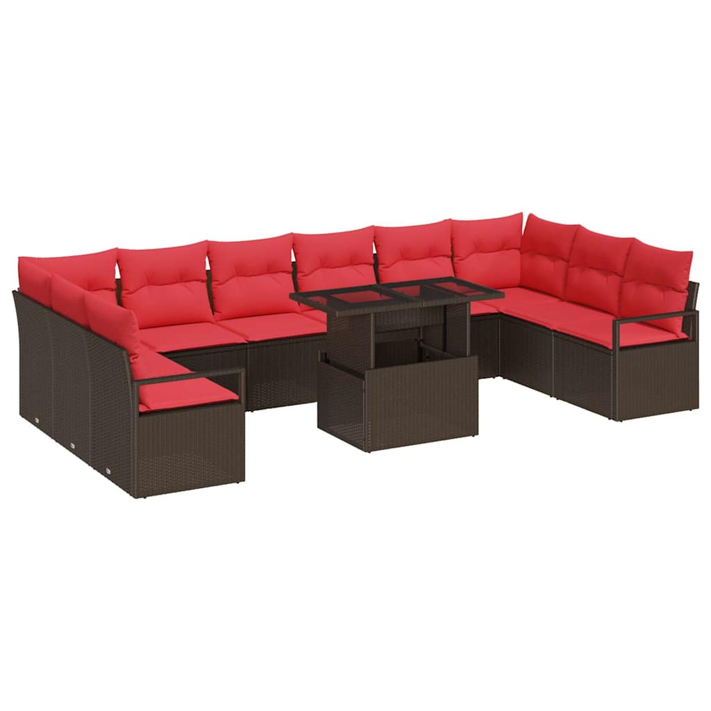 Conjunto de sofá de jardín 11 pcs Marrón y Rojo ratán sintético