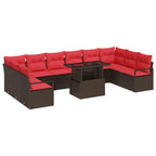 Conjunto de sofá de jardín 11 pcs Marrón y Rojo ratán sintético