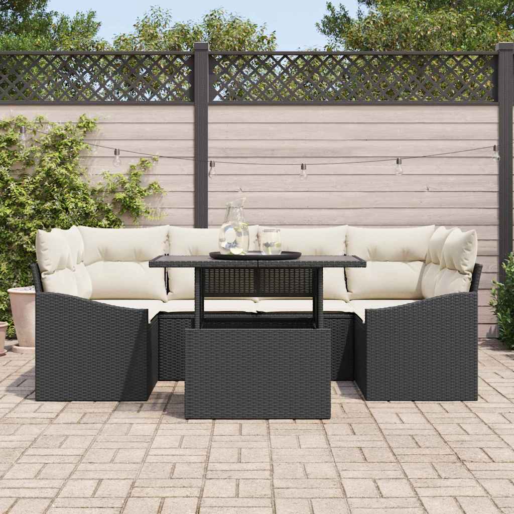 Conjunto de sofá de jardín 7 pcs Negro y crema ratán sintético