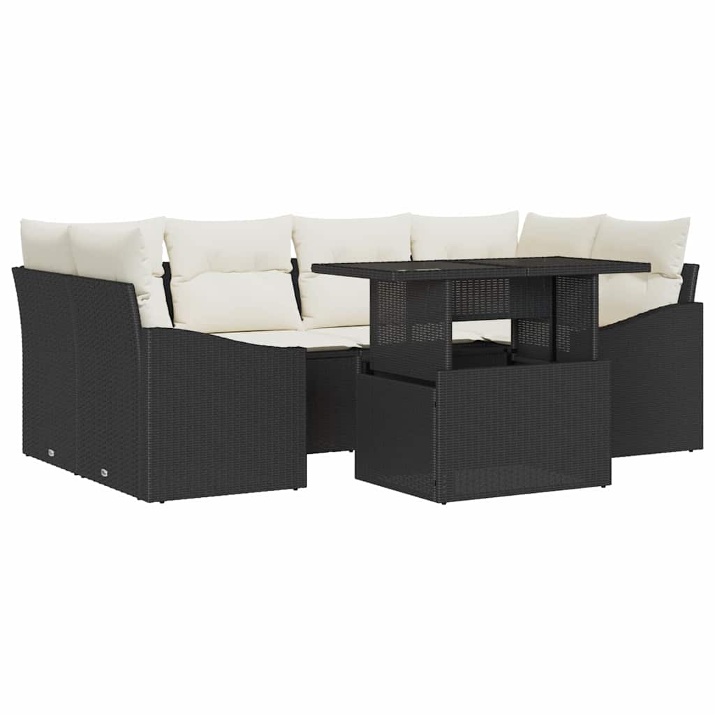 Conjunto de sofá de jardín 7 pcs Negro y crema ratán sintético