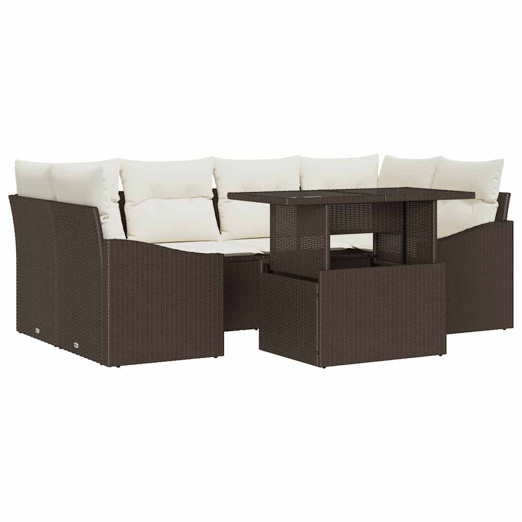 Conjunto de sofá de jardín 7 pcs Marrón y crema ratán sintético