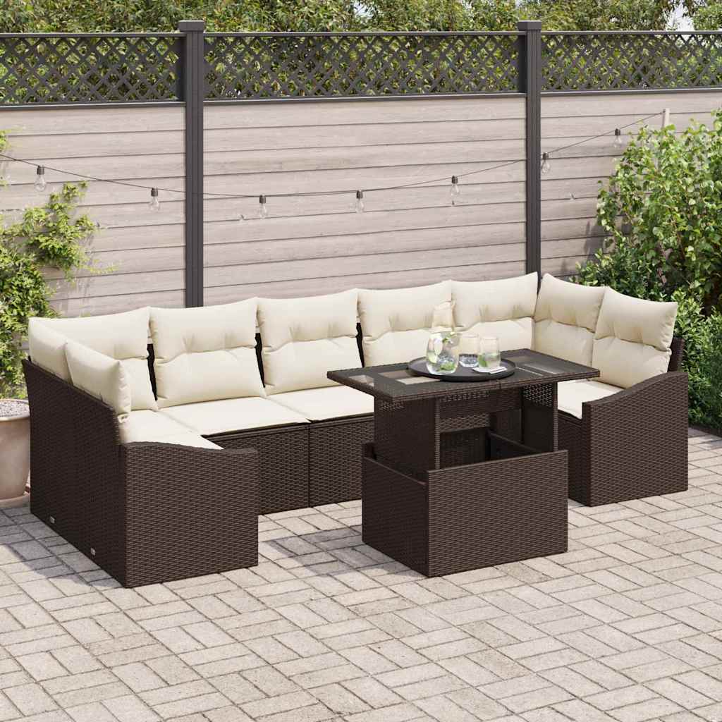 Conjunto de sofá de jardín 8 pcs Marrón y crema ratán sintético