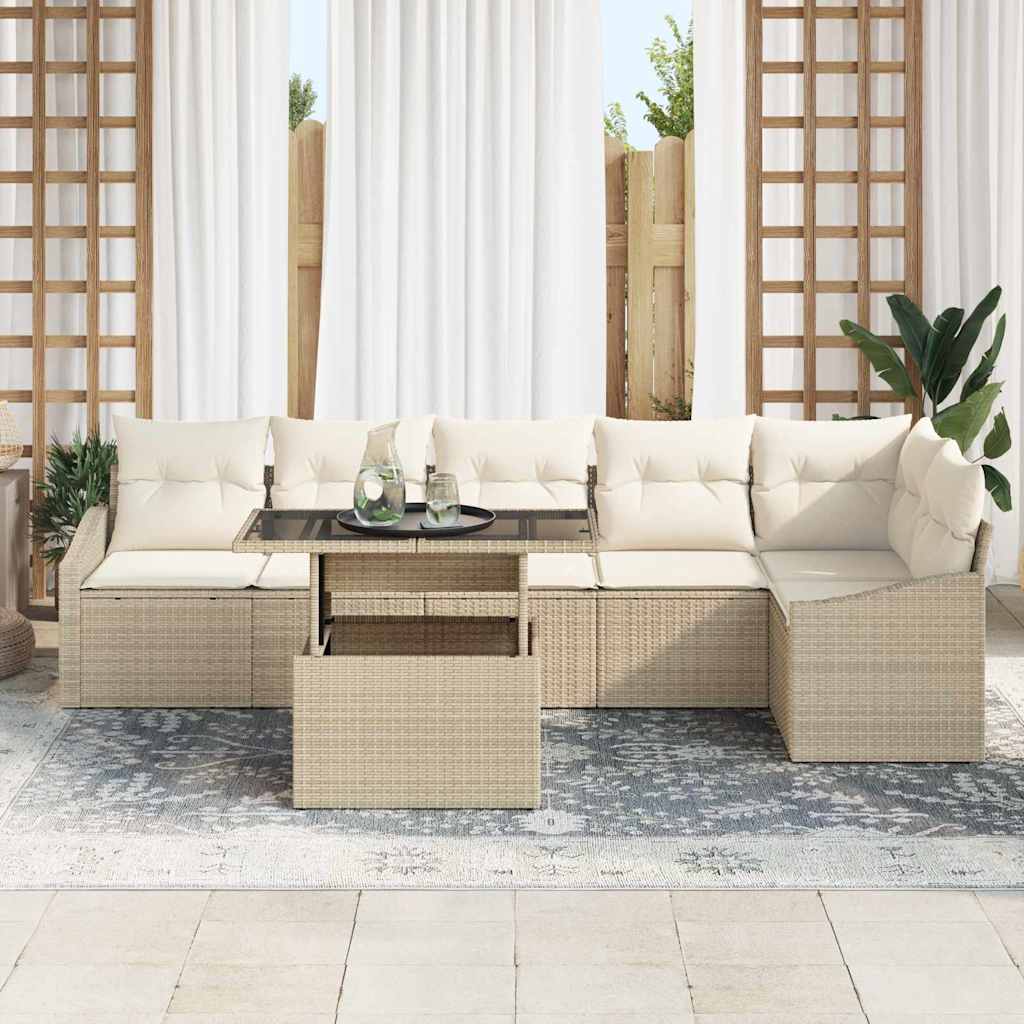 Conjunto de sofá de jardín 7 pcs Beige y Crema ratán sintético