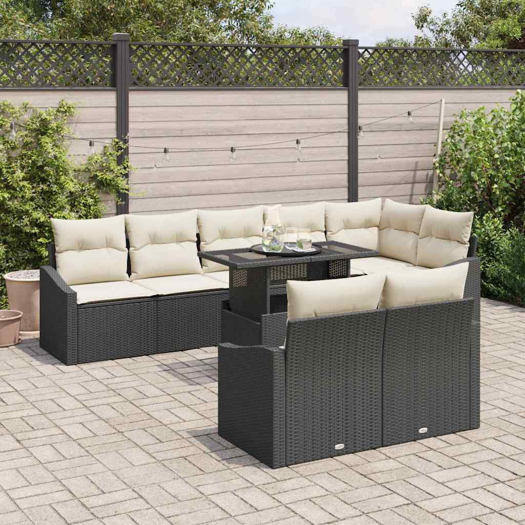 Conjunto de sofá de jardín 9 pcs Negro y crema ratán sintético