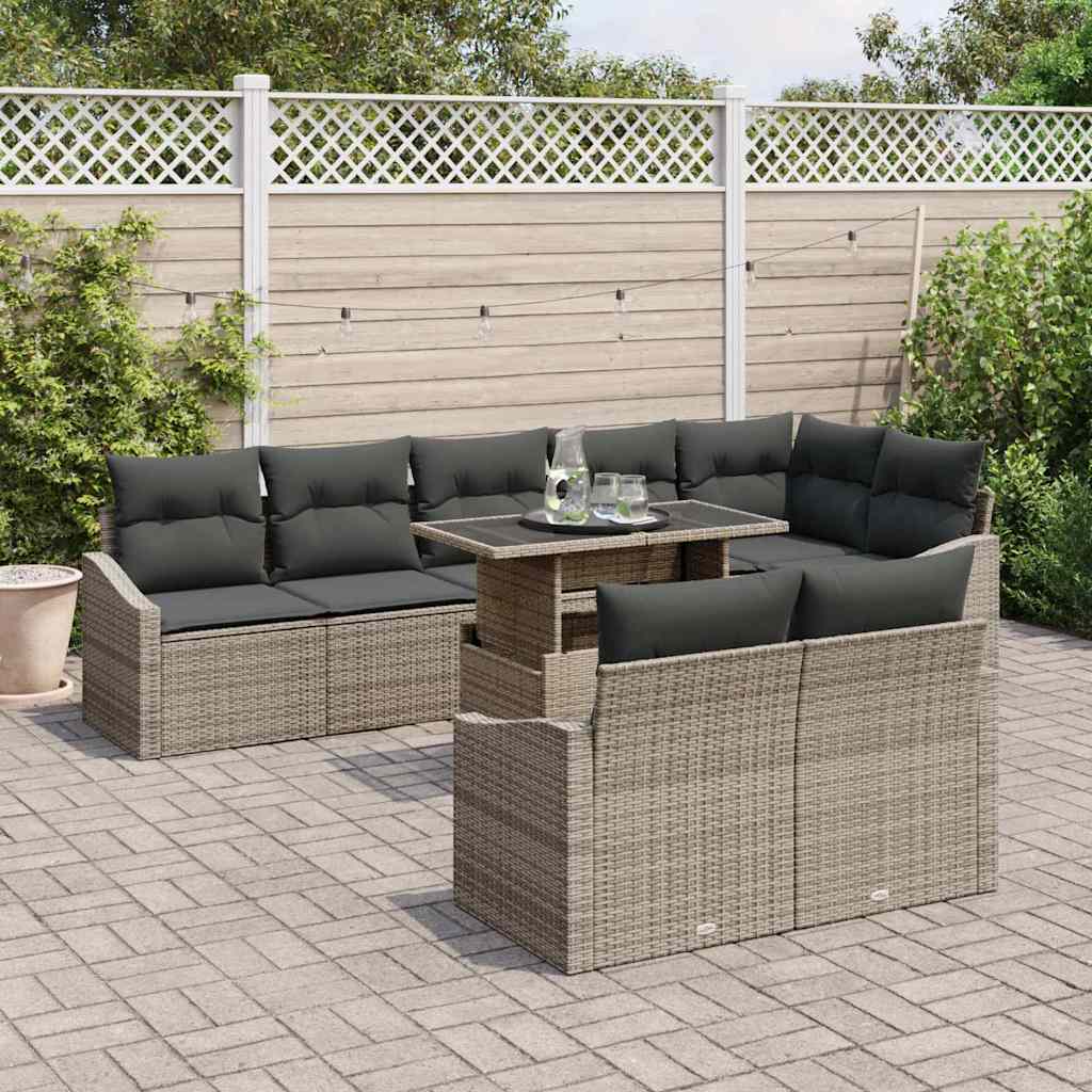 Conjunto de sofá de jardín con cojín 9 pcs Gris ratán sintético