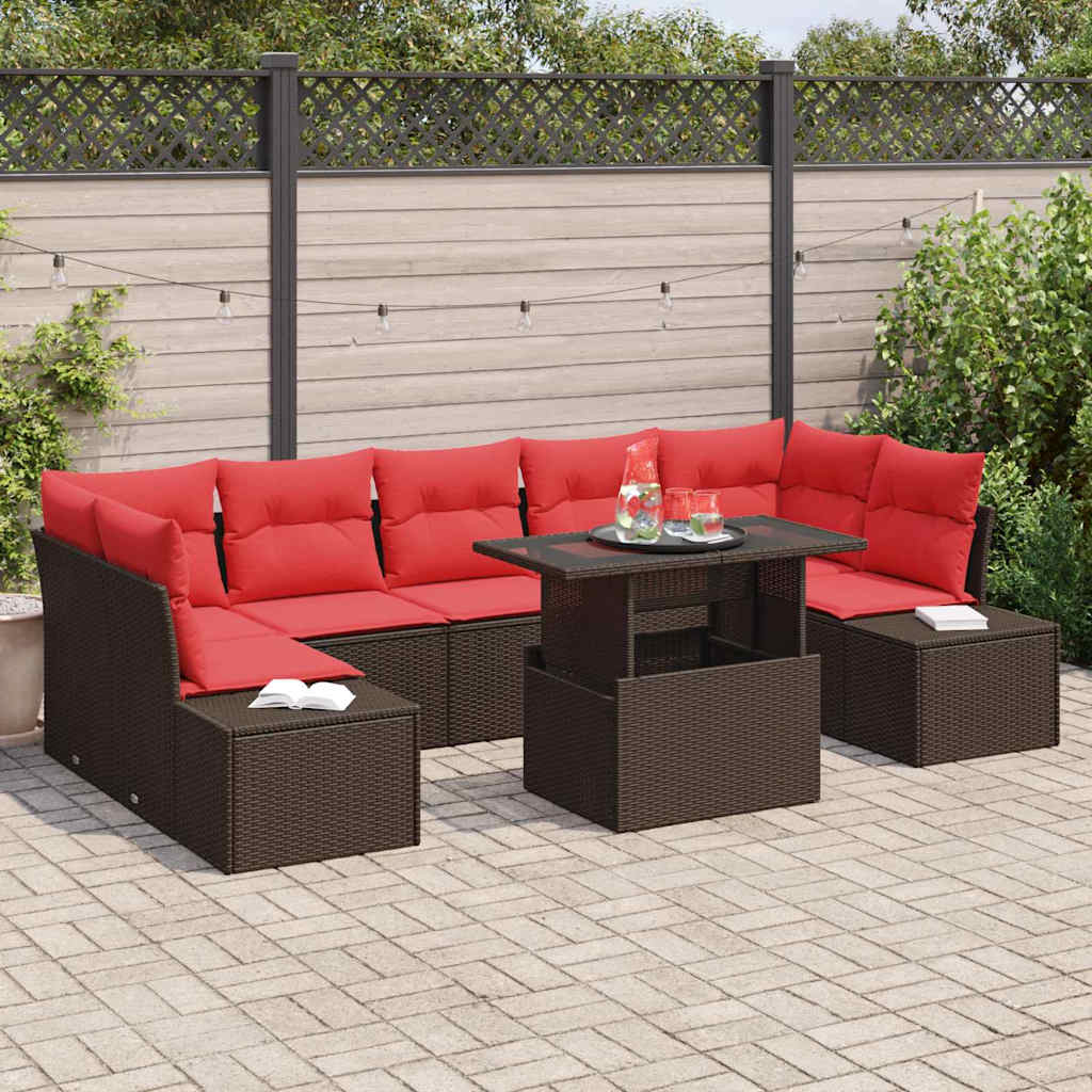 Conjunto de sofá de jardín 8 pcs Marrón y Rojo ratán sintético