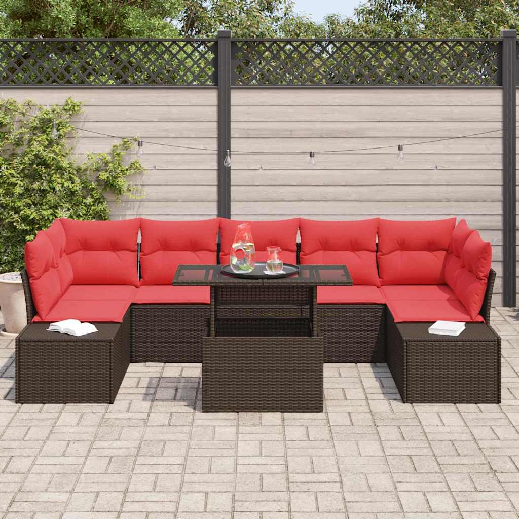 Conjunto de sofá de jardín 8 pcs Marrón y Rojo ratán sintético