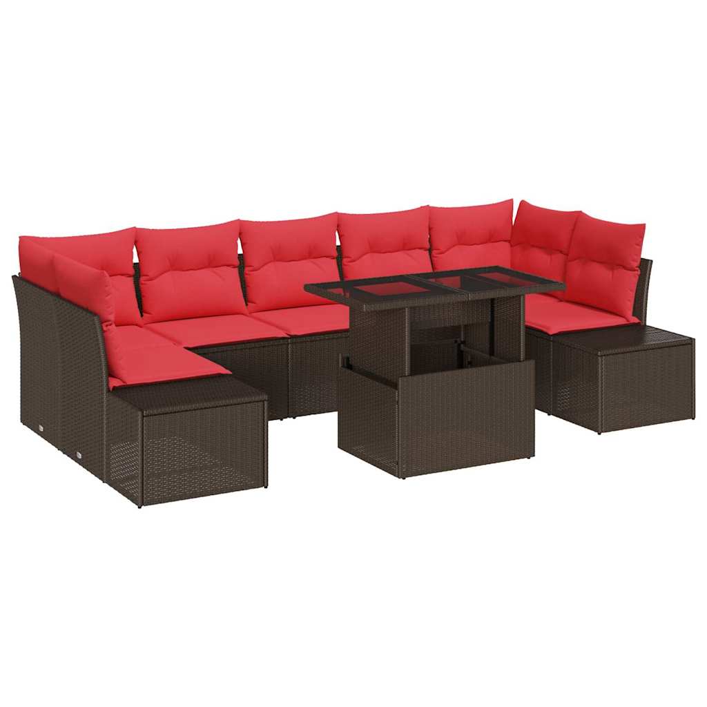 Conjunto de sofá de jardín 8 pcs Marrón y Rojo ratán sintético