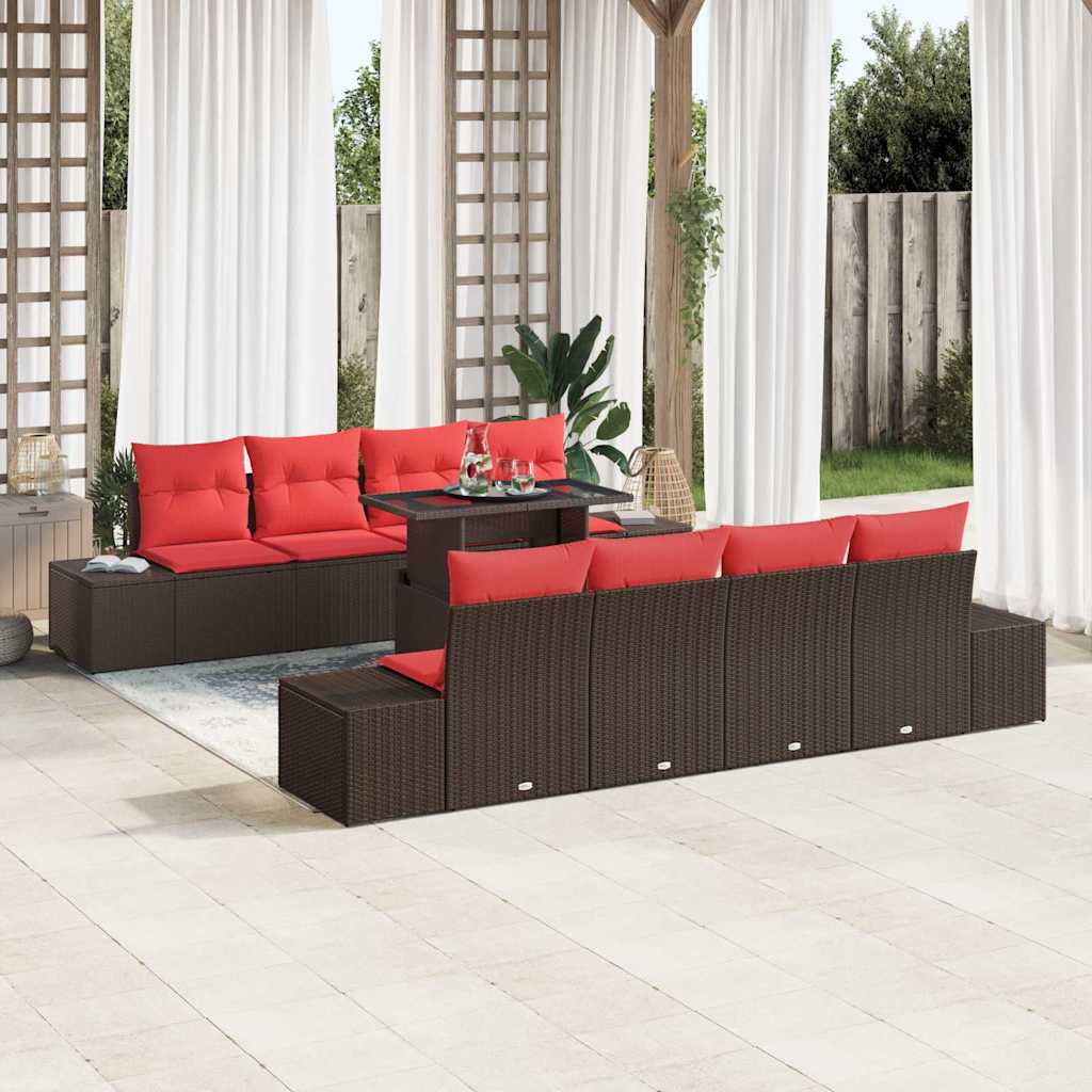 Conjunto de sofá de jardín 9 pcs Marrón y Rojo ratán sintético