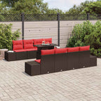 Conjunto de sofá de jardín 9 pcs Marrón y Rojo ratán sintético