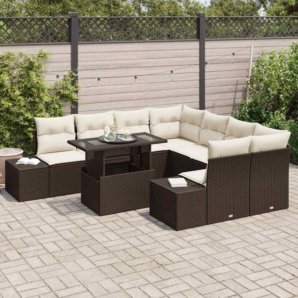 Conjunto de sofá de jardín 9 pcs Marrón y crema ratán sintético