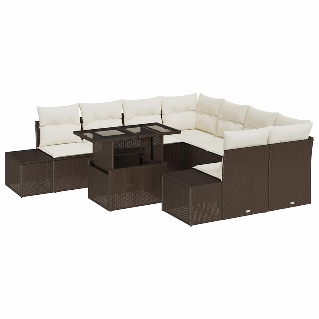 Conjunto de sofá de jardín 9 pcs Marrón y crema ratán sintético