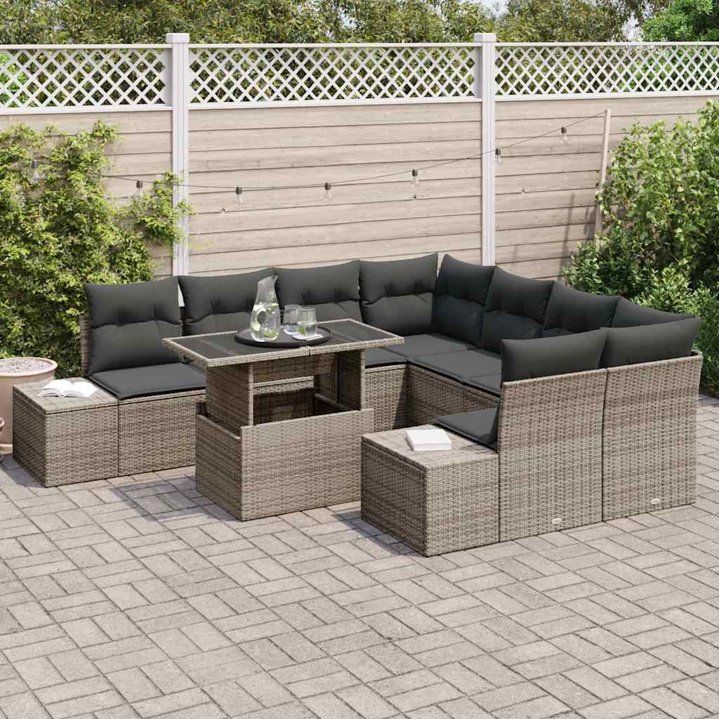 Conjunto de sofá de jardín con cojín 9 pcs Gris ratán sintético