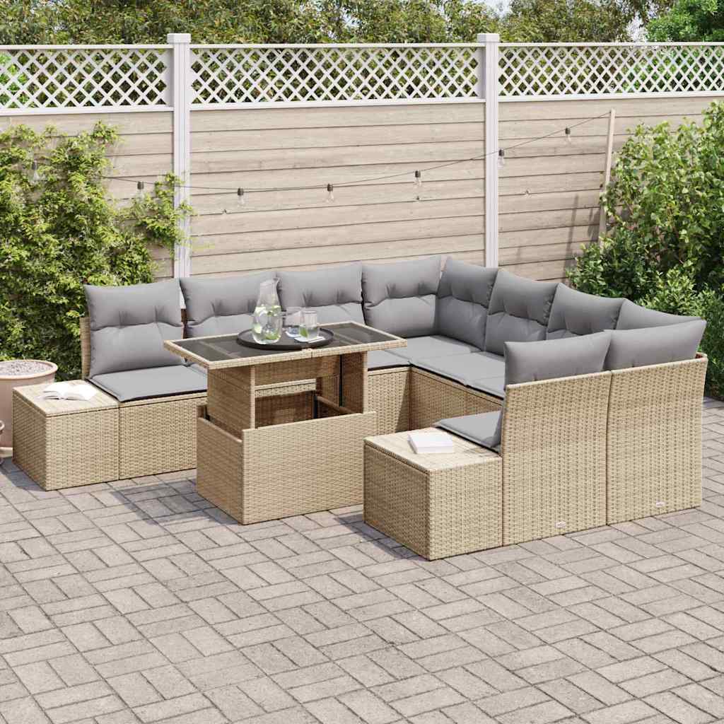 Conjunto de sofá de jardín con cojín 9 pcs Beige y Gris Claro