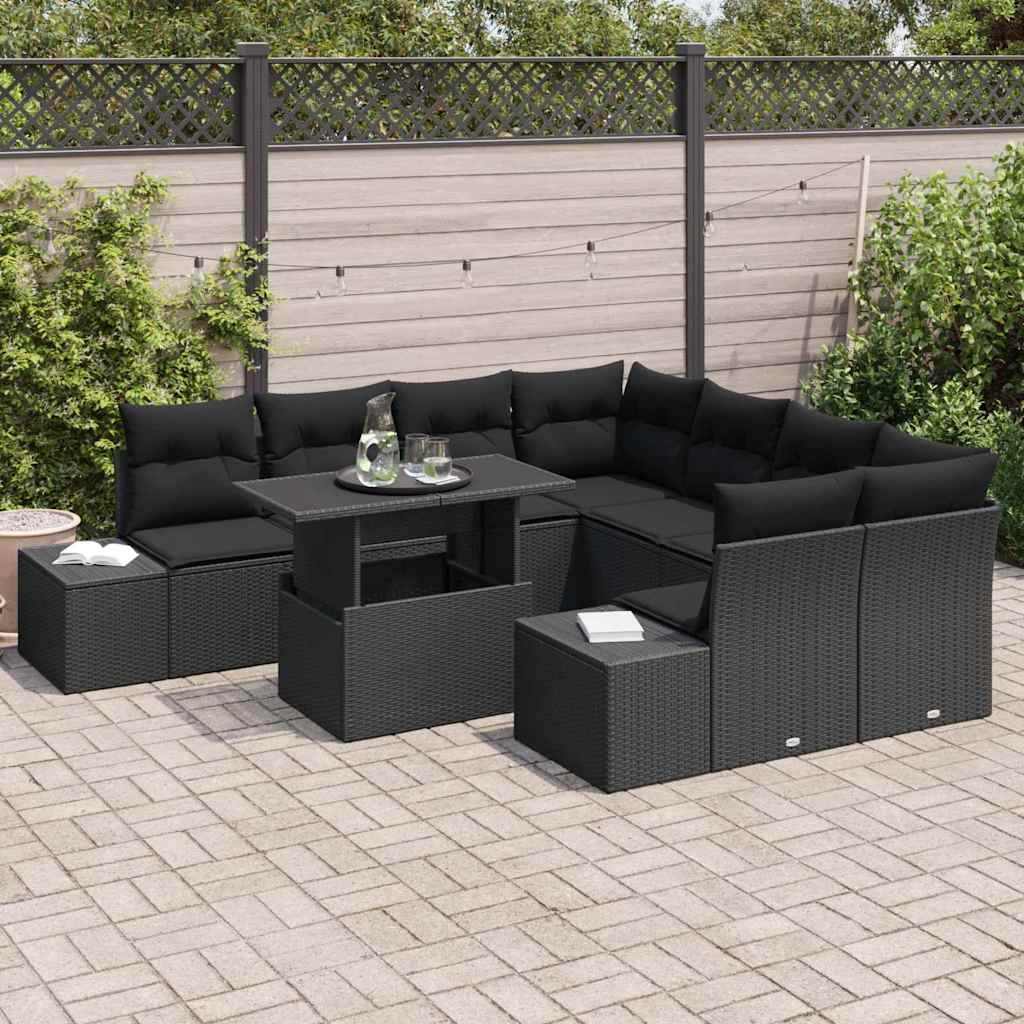 Conjunto de sofá de jardín 9 pcs Negro ratán sintético