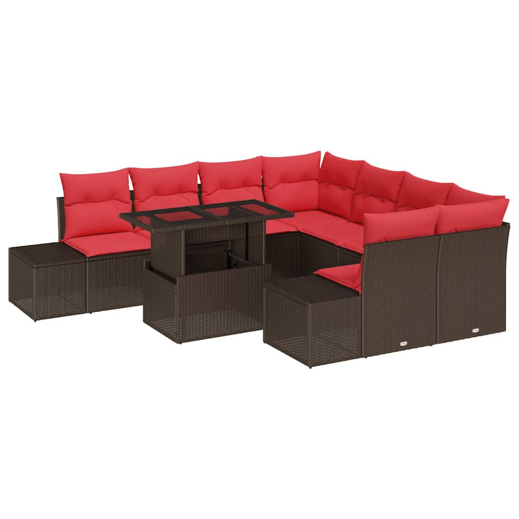 Conjunto de sofá de jardín 9 pcs Marrón y Rojo ratán sintético