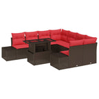 Conjunto de sofá de jardín 9 pcs Marrón y Rojo ratán sintético
