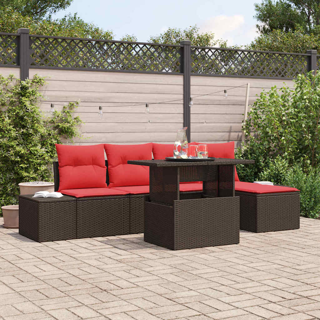 Conjunto de sofá de jardín 6 pcs Marrón y Rojo ratán sintético