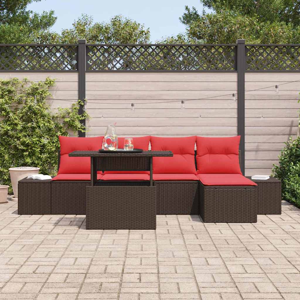 Conjunto de sofá de jardín 6 pcs Marrón y Rojo ratán sintético