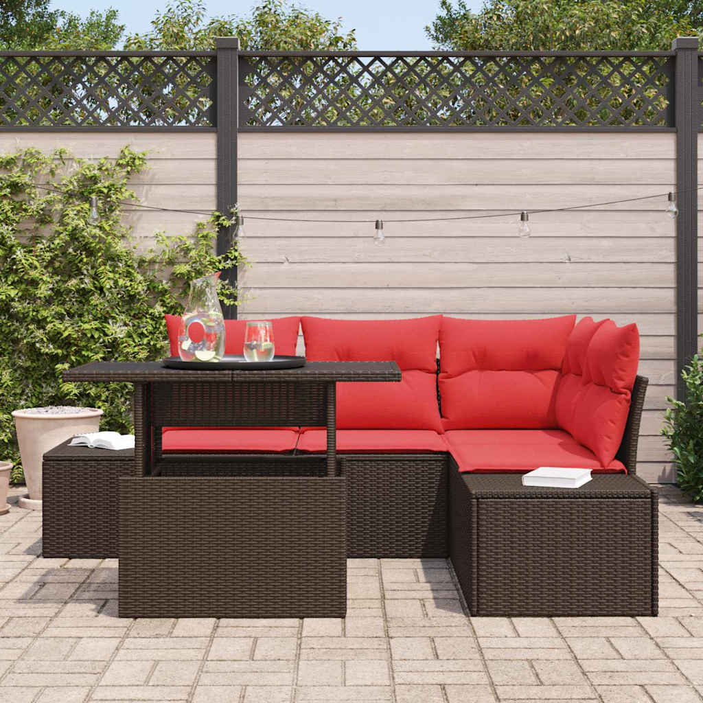 Conjunto de sofá de jardín 6 pcs Marrón y Rojo ratán sintético