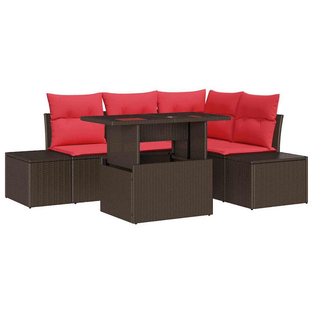 Conjunto de sofá de jardín 6 pcs Marrón y Rojo ratán sintético