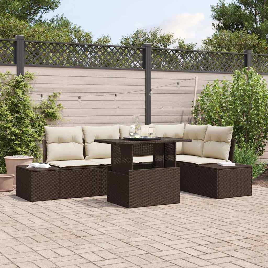 Conjunto de sofá de jardín con cojín 6 pcs Marrón Poliratán