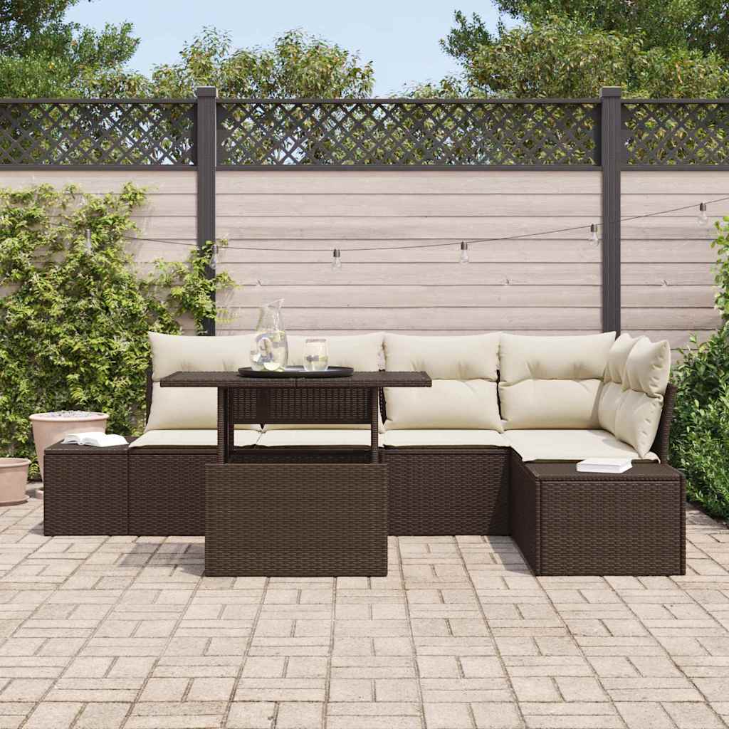 Conjunto de sofá de jardín con cojín 6 pcs Marrón Poliratán