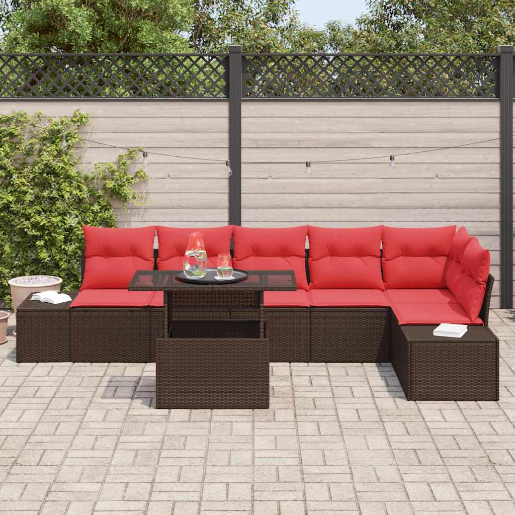 Conjunto de sofá de jardín 7 pcs Marrón y Rojo ratán sintético