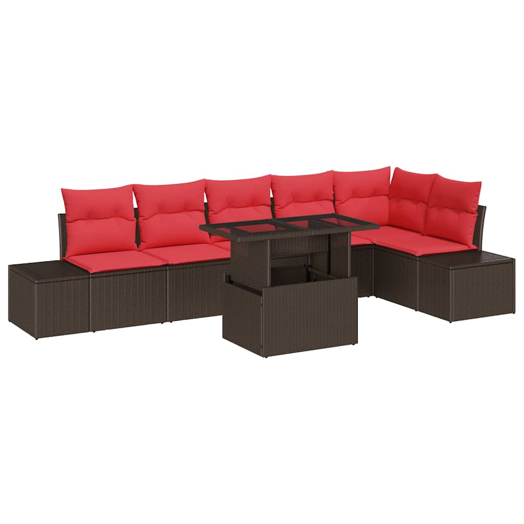 Conjunto de sofá de jardín 7 pcs Marrón y Rojo ratán sintético