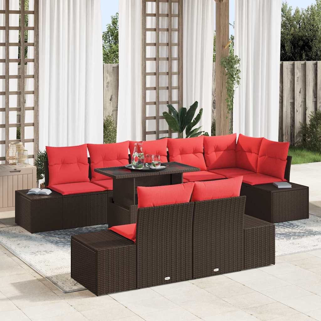 Conjunto de sofá de jardín 9 pcs Marrón y Rojo ratán sintético