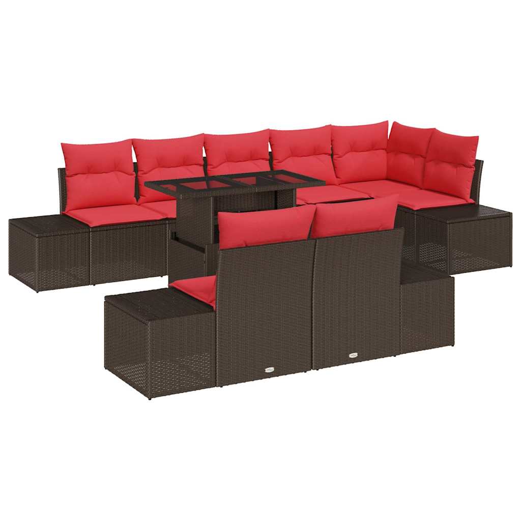 Conjunto de sofá de jardín 9 pcs Marrón y Rojo ratán sintético