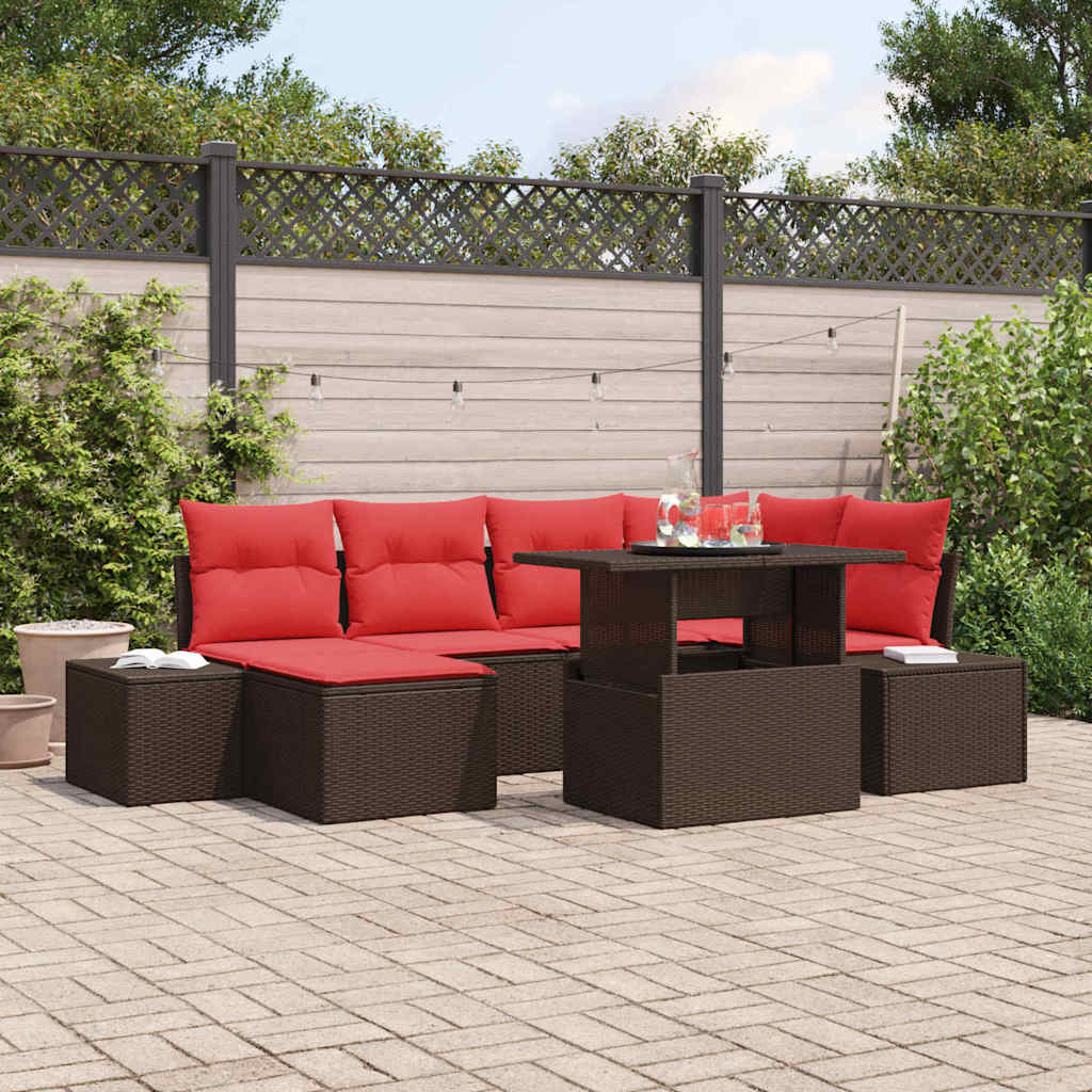 Conjunto de sofá de jardín con cojín 7 pcs Marrón y rojo